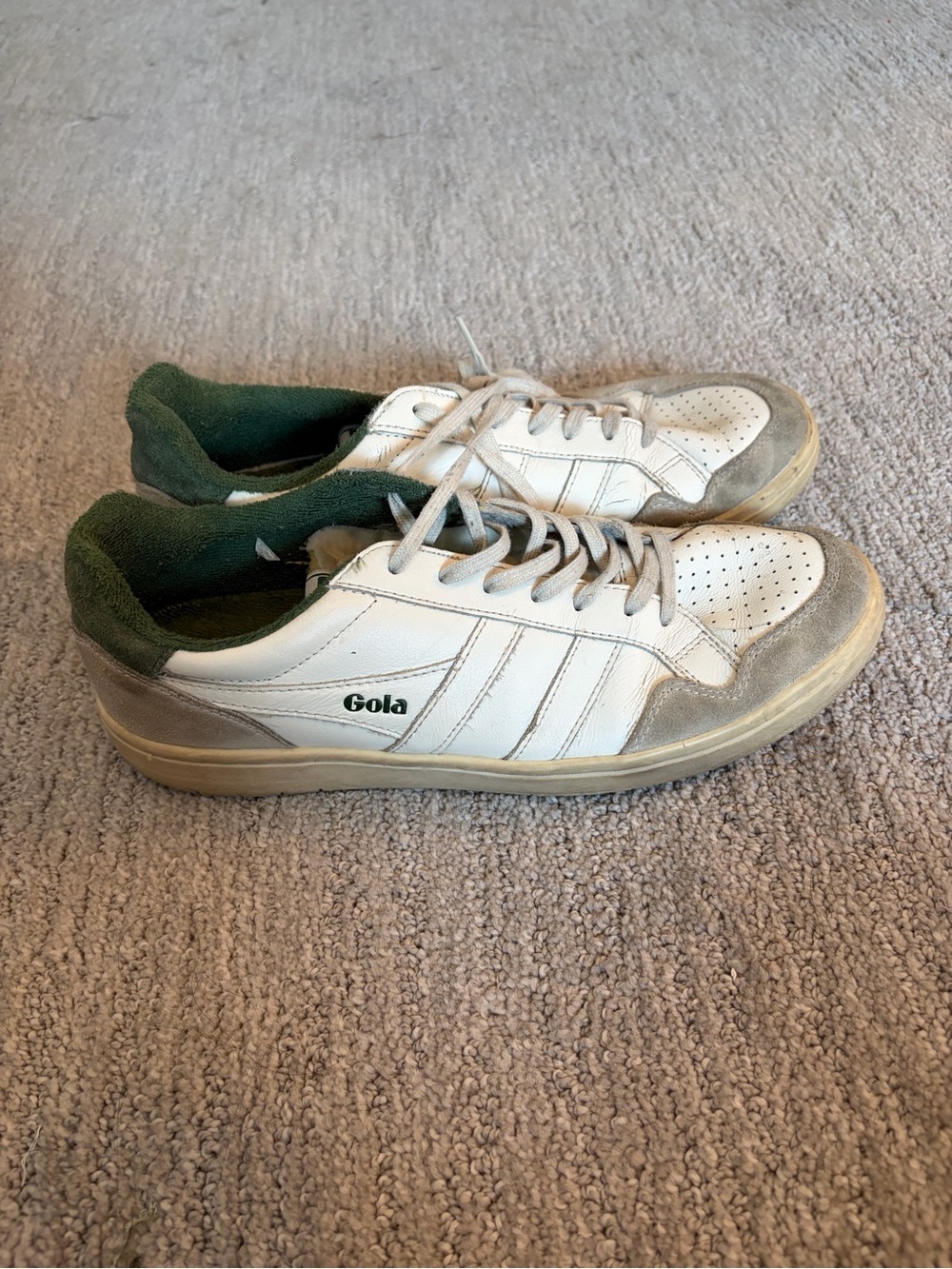 Gola White Leather Sneakers with Green Interior and Grey Suede Trim